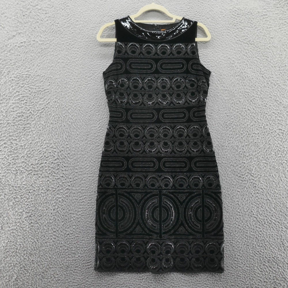 Tory Burch Womens Beaded Velvet Patent Leather Sheath Dress 4 Black Cocktail